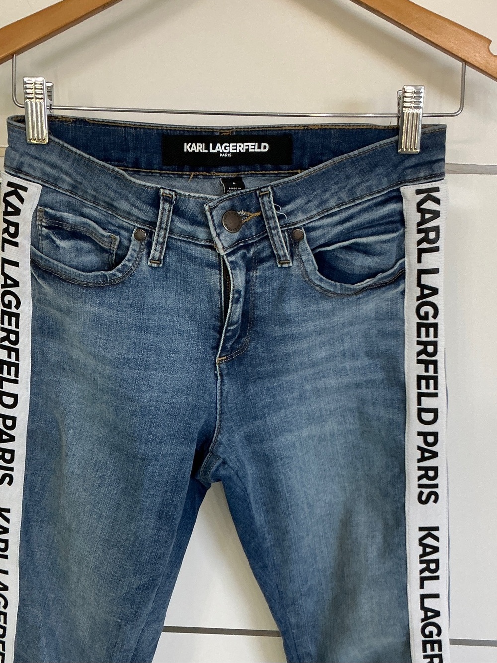 Karl Lagerfeld Women's Medium Blue Skinny Jeans with Logo Side Tape